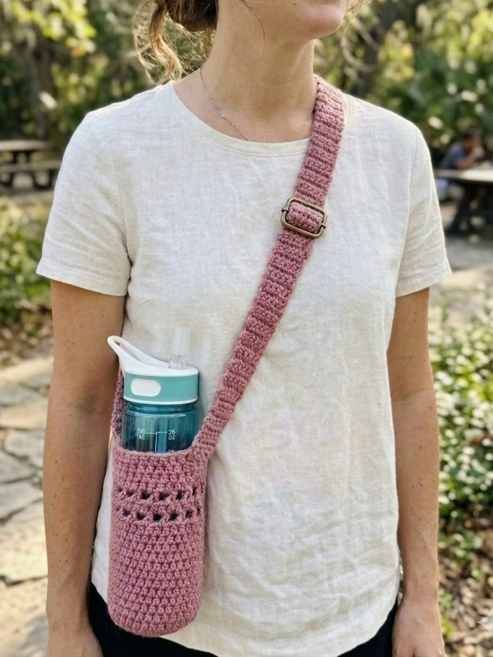 Pink Crochet Crossbody Water Bottle Holder